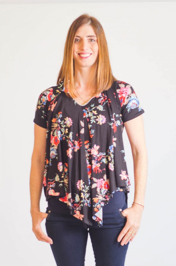 Breast Feeding Blouse - Sharon - Black with Flowers